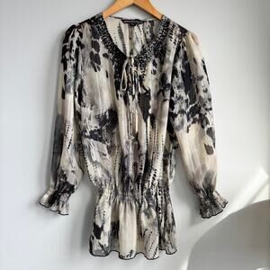 Y2K Mushka by Sienna Rose Black Cream Abstract Print Blouson Top Size Small